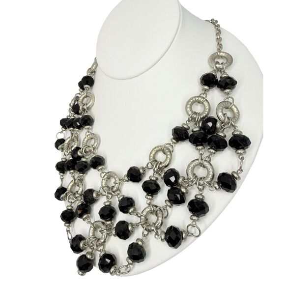 Sparkly Black Beaded Drape Necklace 21" Statement Bib Silver-Tone Formal Jewelry - Picture 6 of 11